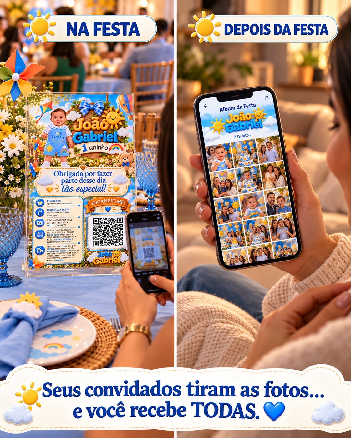 Antes e depois da festa: convidados tiram as fotos na festa e você recebe todas no álbum digital