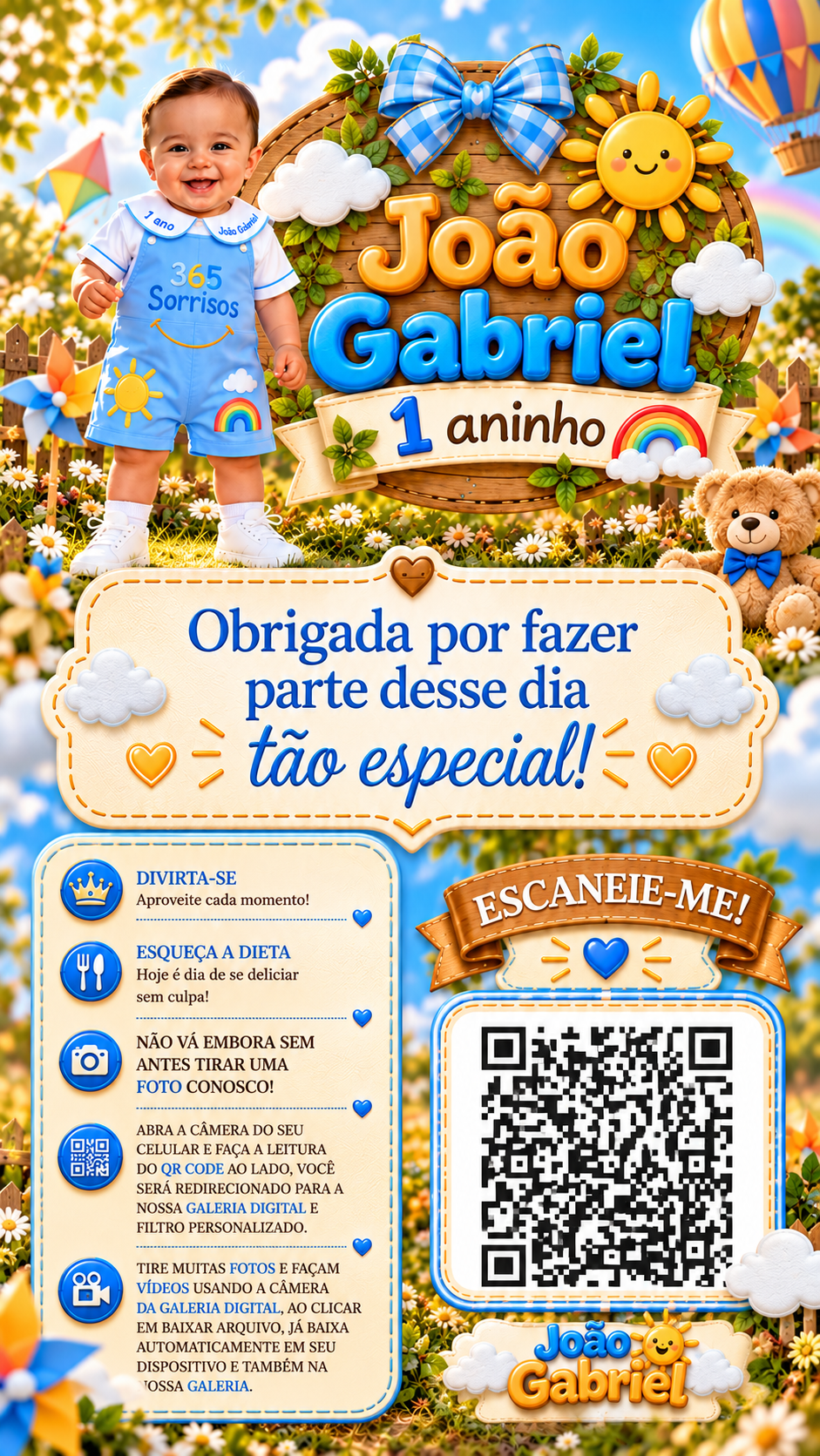 Convite do João Gabriel com QR Code que leva ao mural de fotos da festa